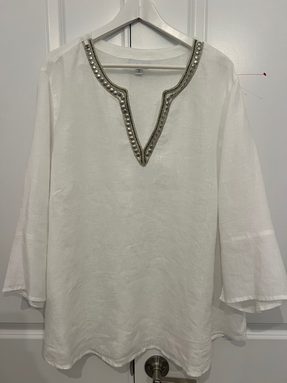 J. Jill White Linen Tunic with Beaded V-Neck